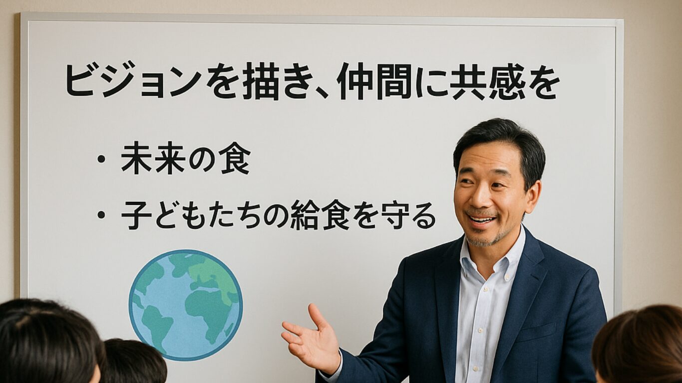 食品スタートアップの創業者がチームに未来のビジョンを語る場面