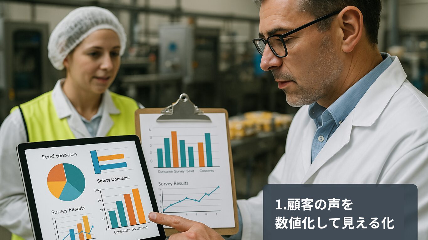 工場の現場で顧客アンケートをもとにグラフを分析する食品コンサルタント