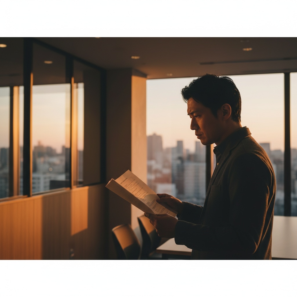 食品スタートアップの創業者が、真剣な表情で一人静かに決断の瞬間を迎えている場面。ガラス越しに外を見つめながら、手には企画書。背景はオフィスの窓辺、夕方の柔らかな光が差し込み、静けさと覚悟が漂う印象的な情景。
