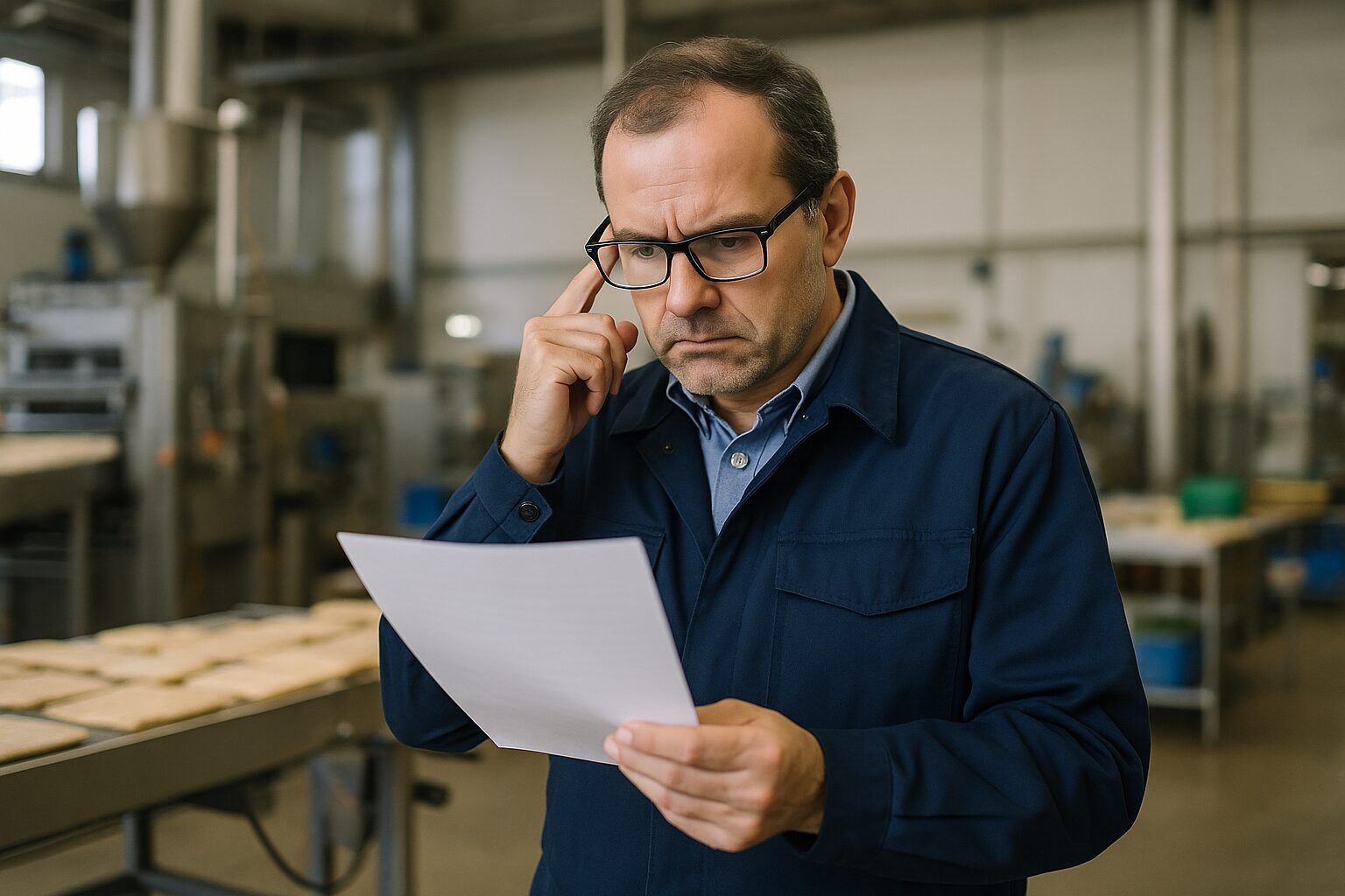中小食品工場の経営者がAI導入に悩んでいる様子。
書類を手にしながら難しい表情で考える男性
工場の一角(バックに機械設備や作業場)
若干の緊張感とリアルな現場感
16:9/高精細/現実的な照明