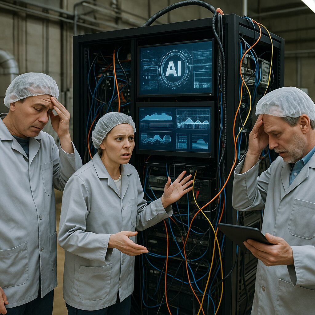 食品工場に大規模AIシステムを一気に導入しようとして現場が混乱している様子。
モニターやIT機器が並び、配線が複雑なエリア
工場スタッフたちが困惑・戸惑いの表情
一部の人が説明を求めたり、頭を抱える姿
テクノロジーが過剰で、現場とのギャップを感じさせる雰囲気
16:9/写真風/リアルで少し混乱した情景