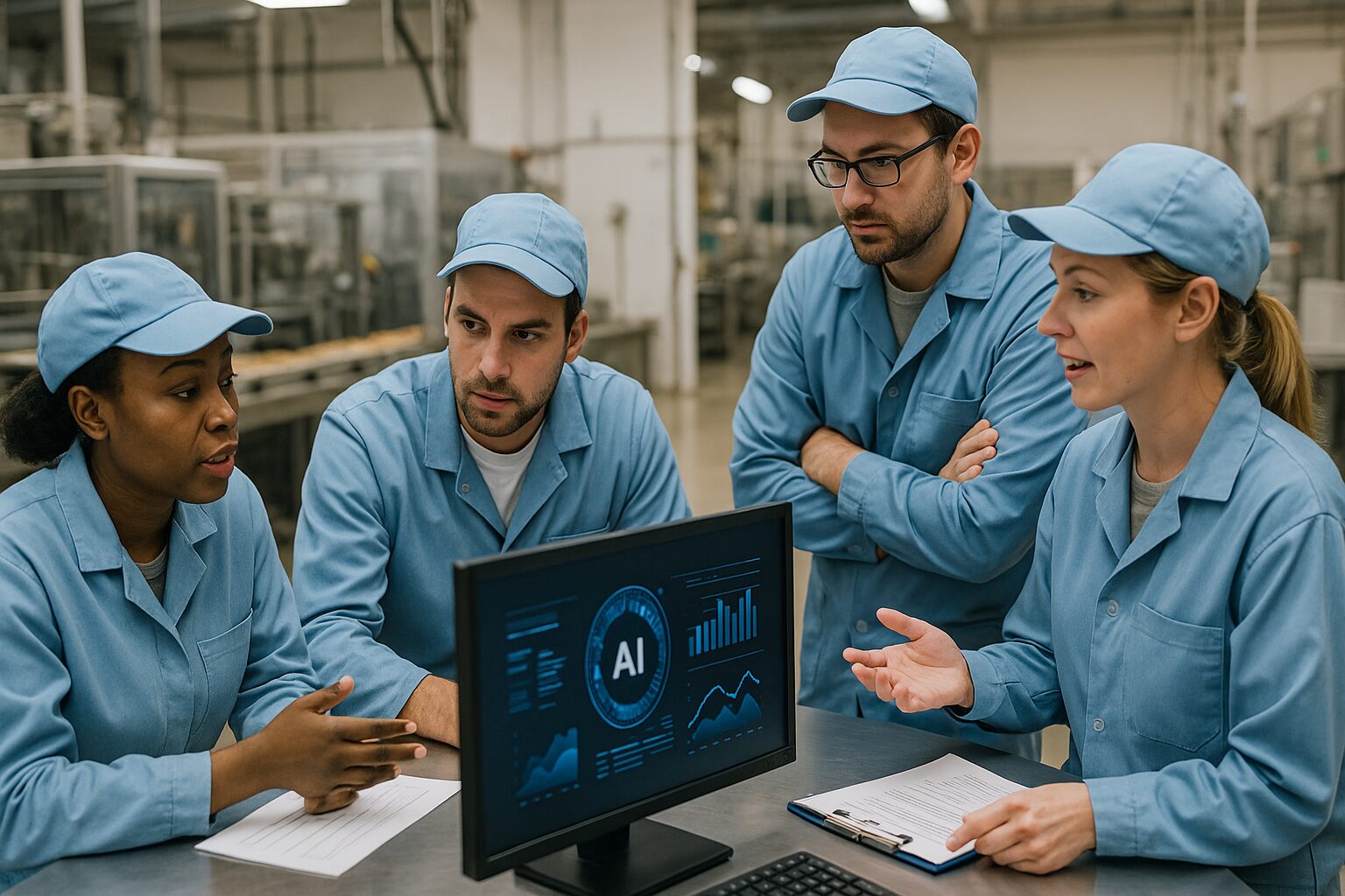 少人数の現場チームが、食品工場内でAIの試験導入を行っているシーン。
パソコンやモニターの画面を見ながら、スタッフが真剣に議論
清潔な工場内、テーブルや製造ラインの一角でのテスト環境
「現場×テクノロジー」の調和感がある雰囲気
16:9/高精細/実用的な現場感重視