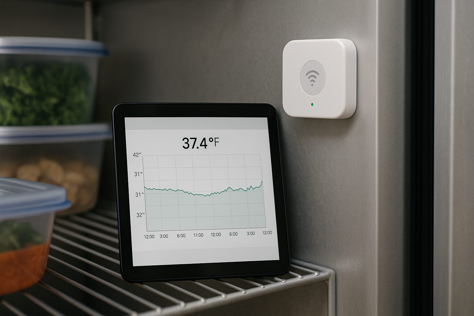 食品冷蔵庫内に設置された小型IoTセンサーの様子。
センサーが冷蔵庫の壁面にしっかり固定されている
温度モニタリング画面(グラフや数値)も一緒に写る構図
清潔で衛生的な冷蔵庫内、食品トレイや保管品も適度に写り込み
「地味だけど確実な改善」のイメージ
16:9/写真風/リアルかつ現実感ある構図
