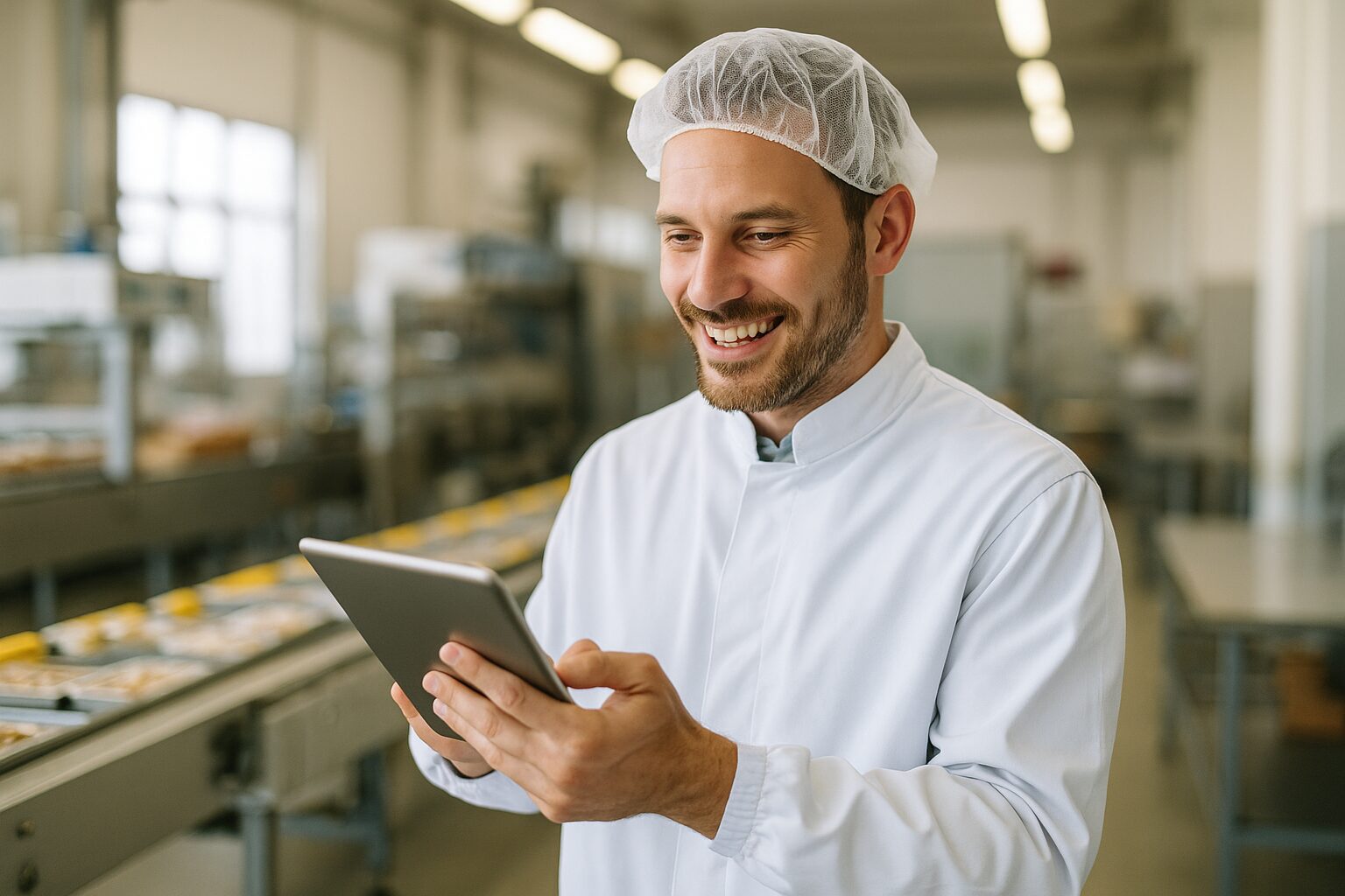 食品工場の現場スタッフが、AIツールを使って笑顔で業務をこなしているシーン。
タブレットを持ちながら製造ラインをチェック
安心感・前向きさ・現場での実用性が伝わる
清潔な作業着・工場背景・明るい照明
「AIが現場を助けている」というポジティブな空気
16:9/写真風/自然な表情・動きあり