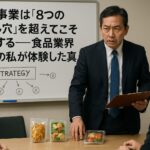 画像（16:9）：食品業界のベテラン経営者が真剣な表情で会議室に立ち、新しい食品パッケージや開発資料を前にしてチームと議論している情景。背景には白板と戦略図。リアルな雰囲気のビジネス現場。