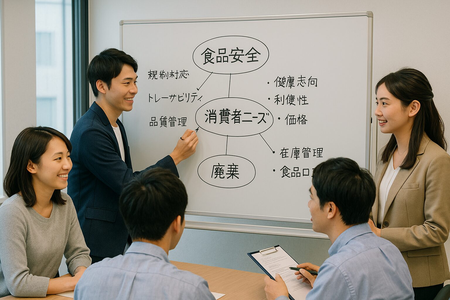 会議室でホワイトボードに課題を書き出す食品業界の若手チーム