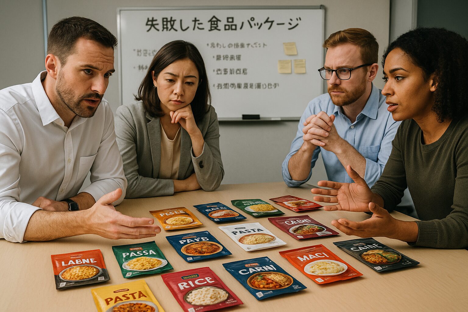 失敗した食品パッケージを並べて議論するスタッフ