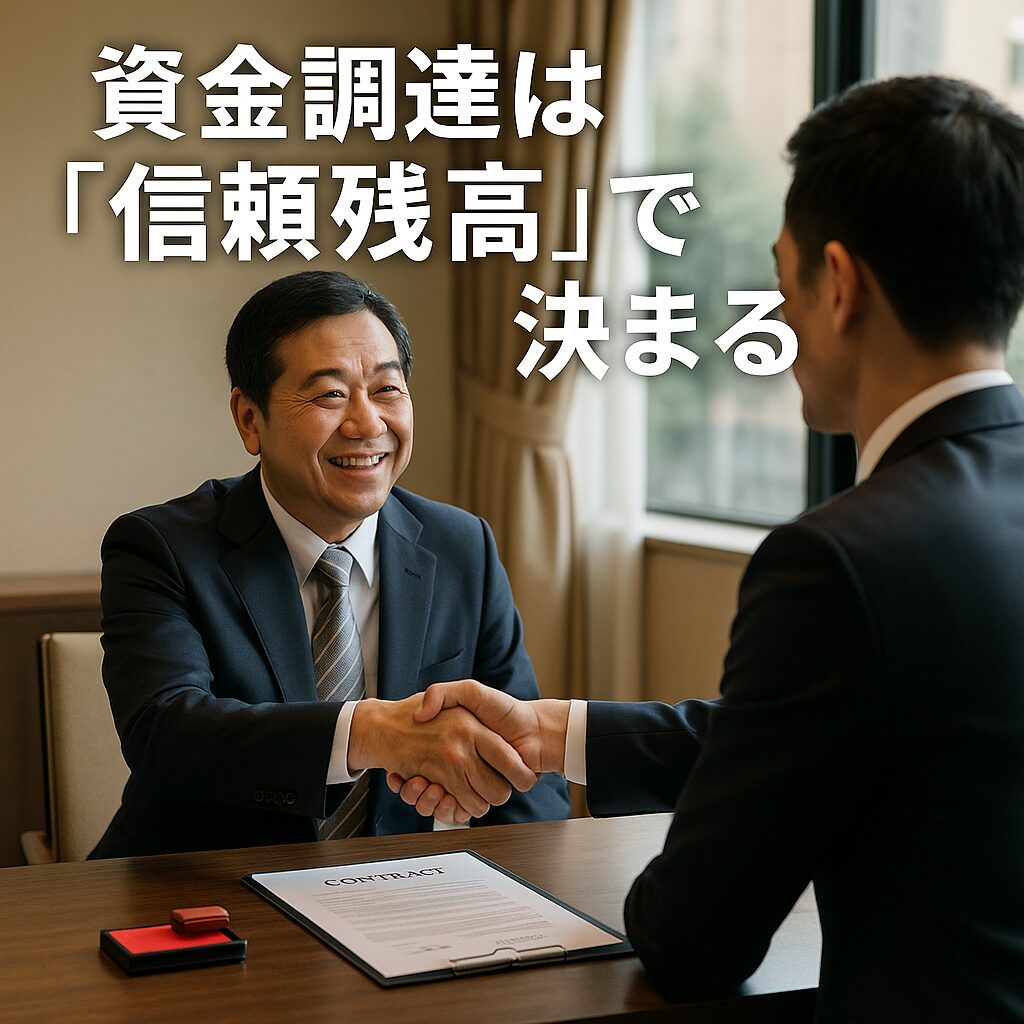 銀行担当者と工場経営者が握手する場面