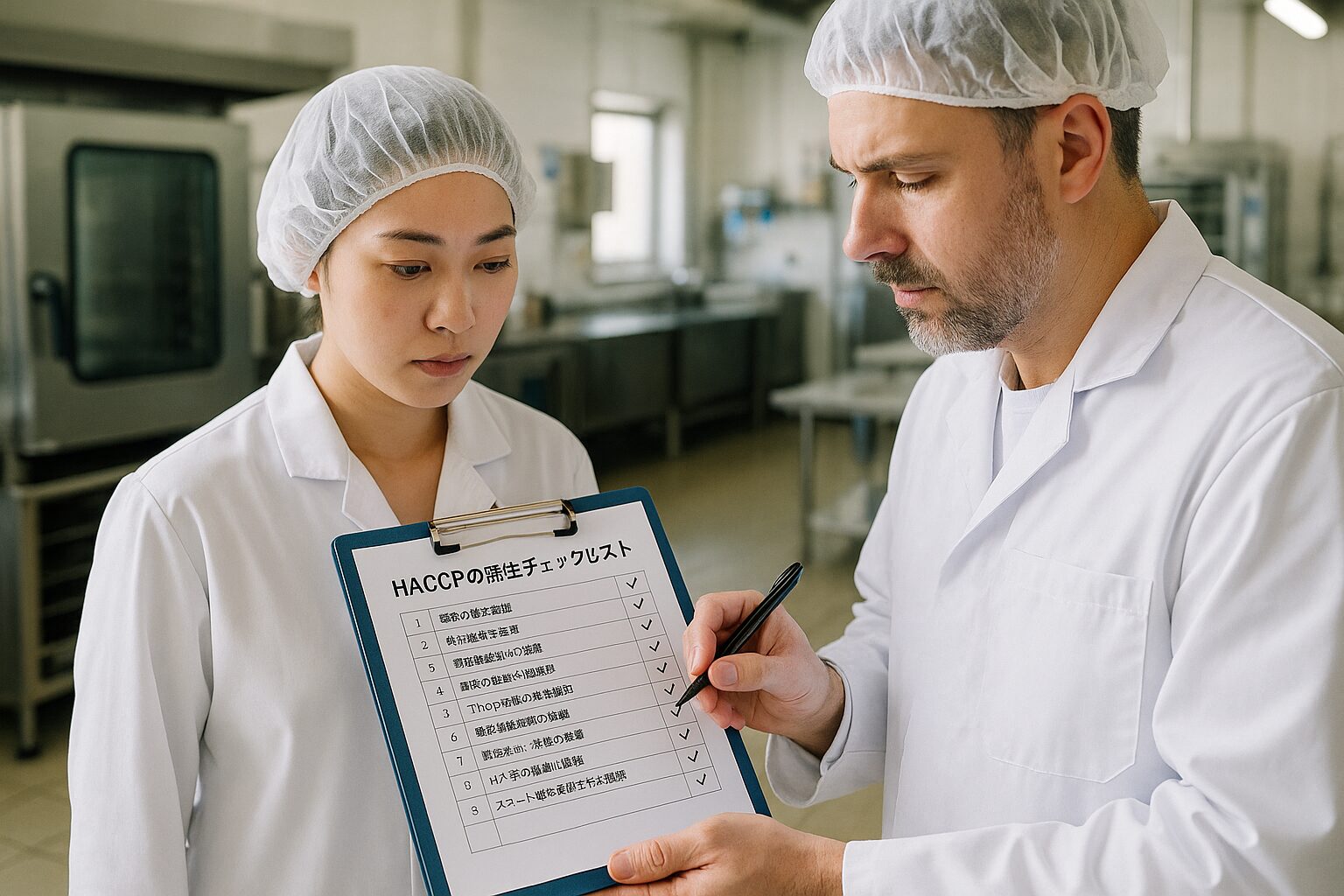 HACCPの衛生チェックリストを確認するスタッフ