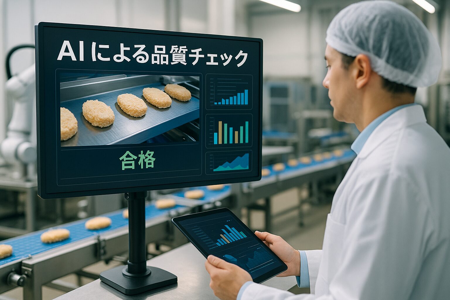 食品工場でAIによる品質チェックを行う風景