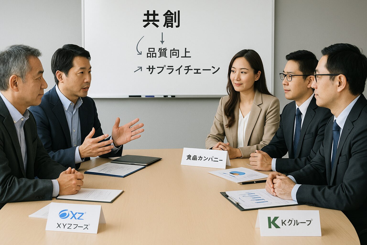 食品業界の企業が合同でミーティングする様子