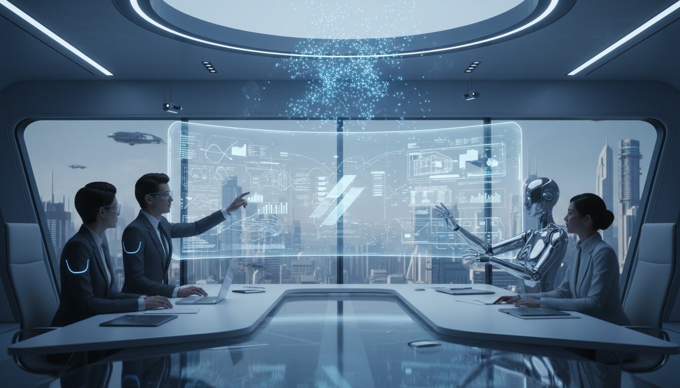 ホワイトボード前でAIエージェントと人が協議する未来型チームミーティング