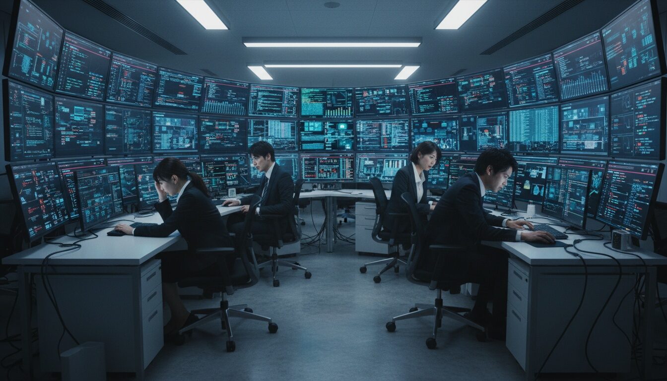 過剰なシステム導入に疲弊したサラリーマンがいるオフィスの様子