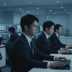 パソコン画面のAIに奴隷のようにこき使われているサラリーマン