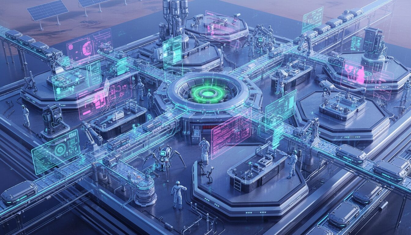 自律エージェントAIが工場ラインで人と協働する未来的製造現場予想図