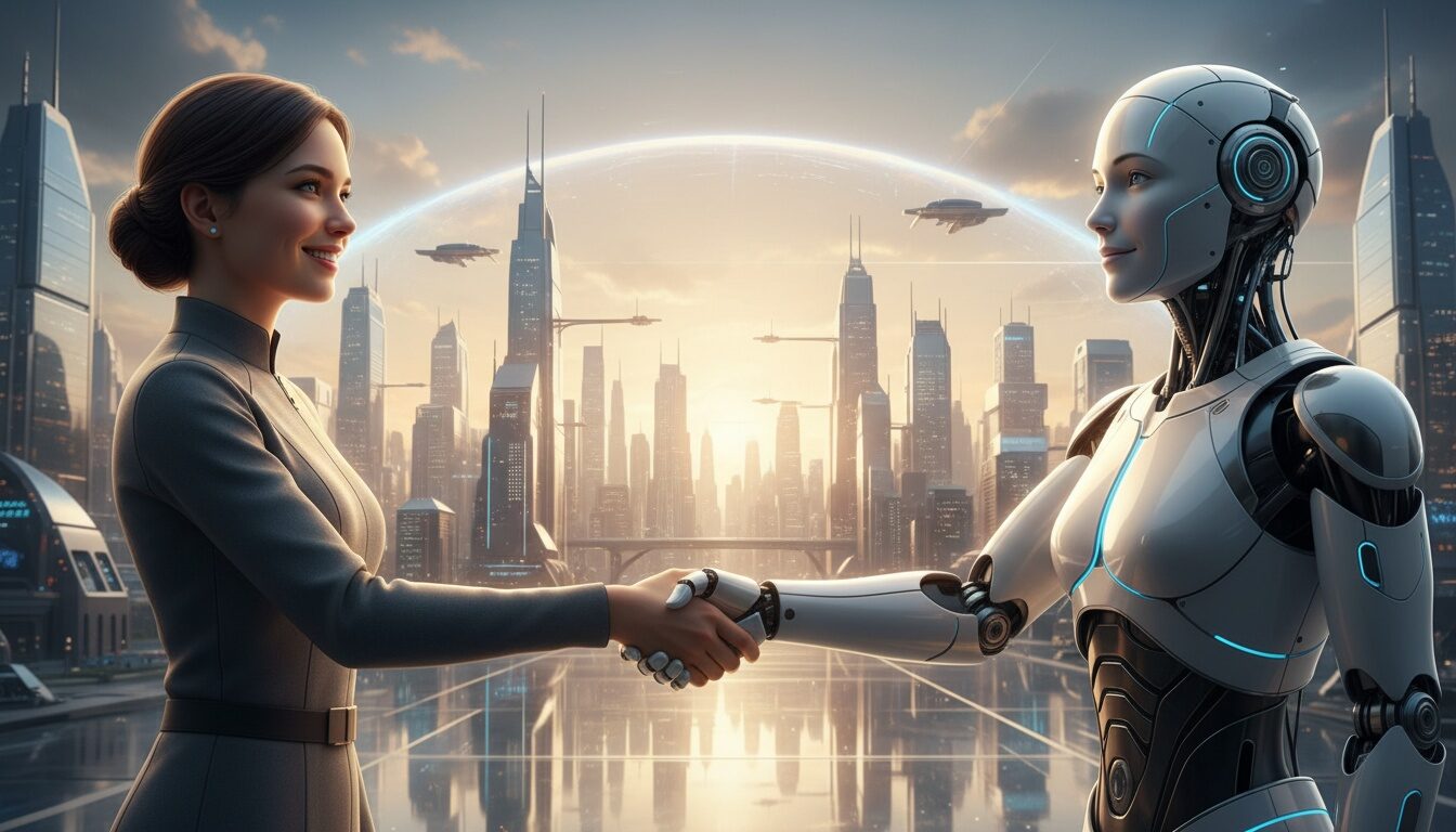 人間とAIロボットが握手し共に未来を見つめている
